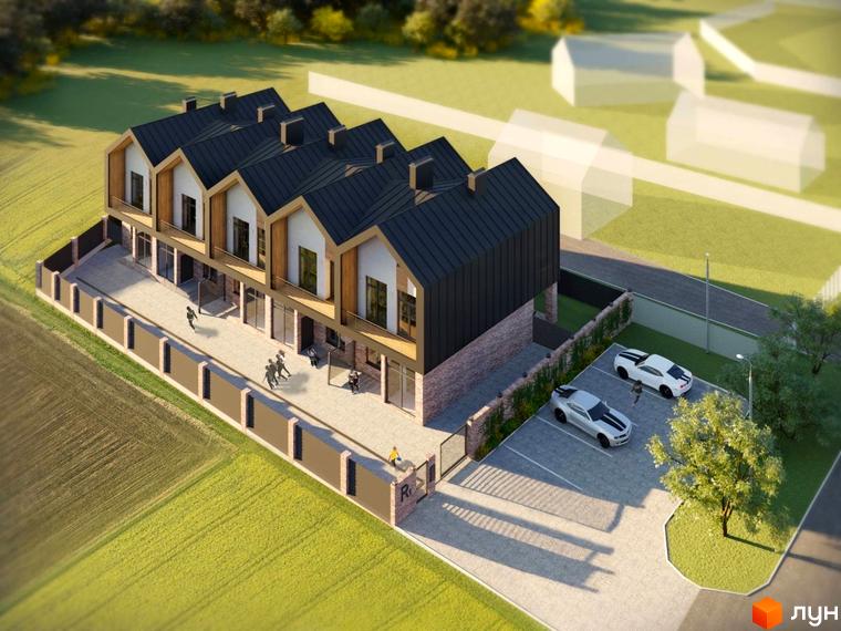 Зображення таунхаусів Riverium з чорними дахами та світлими фасадами. На прибудинковій території є парковка для автомобілів.