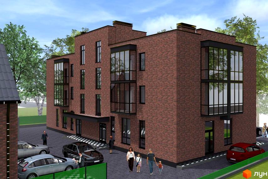 Клубний будинок P14 Irpencentre з цегляним фасадом та великими вікнами. На прибудинковій території розташовані автомобілі та пішоходи.