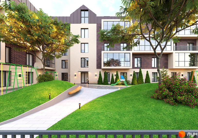 Зображення фасаду та прибудинкової території Житлового комплексу Козацький Гай 2. На подвір'ї зелені насадження та дитячий майданчик.