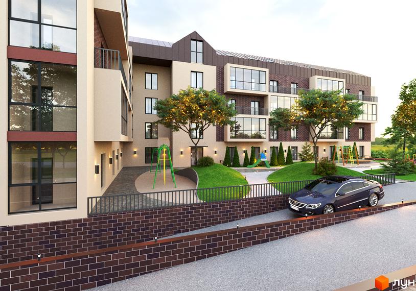 Зображення фасаду та прибудинкової території Житлового комплексу Козацький Гай 2. На території є дитячий майданчик та парковка для авто.