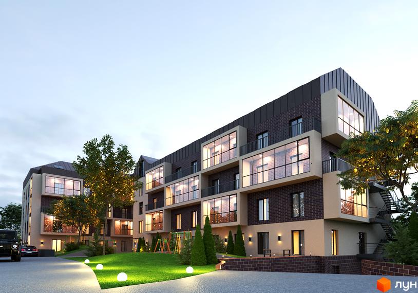 Зображення фасаду та прибудинкової території Житлового комплексу Козацький Гай 2. На території є зелений газон, дерева та дитячий майданчик.