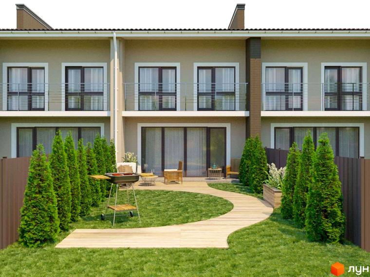 Зовнішній вигляд таунхаусів Vishenki Townhouse з великими вікнами та балконами. На прибудинковій території газон, дерева та дерев'яна доріжка.