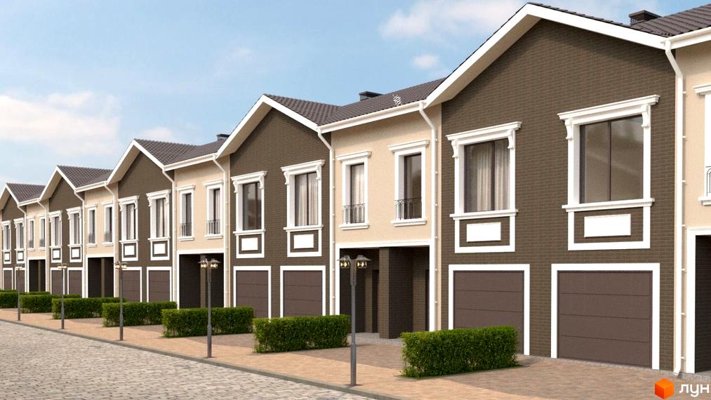 Зображення Vishenki Townhouse: ряд двоповерхових будинків з гаражами. Перед будинками висаджені кущі.