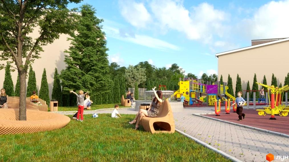 Зображення дитячого майданчика біля Vishenki Townhouse. Навколо зелені дерева та трава, місця для відпочинку та ігор дітей.