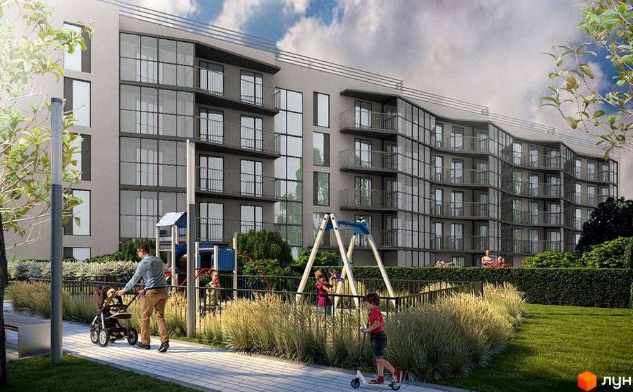 Житловий комплекс A3UM з вигнутими фасадами та балконами, дитячим майданчиком та зеленим двором. Сучасний будинок з великими вікнами та доглянутою територією.