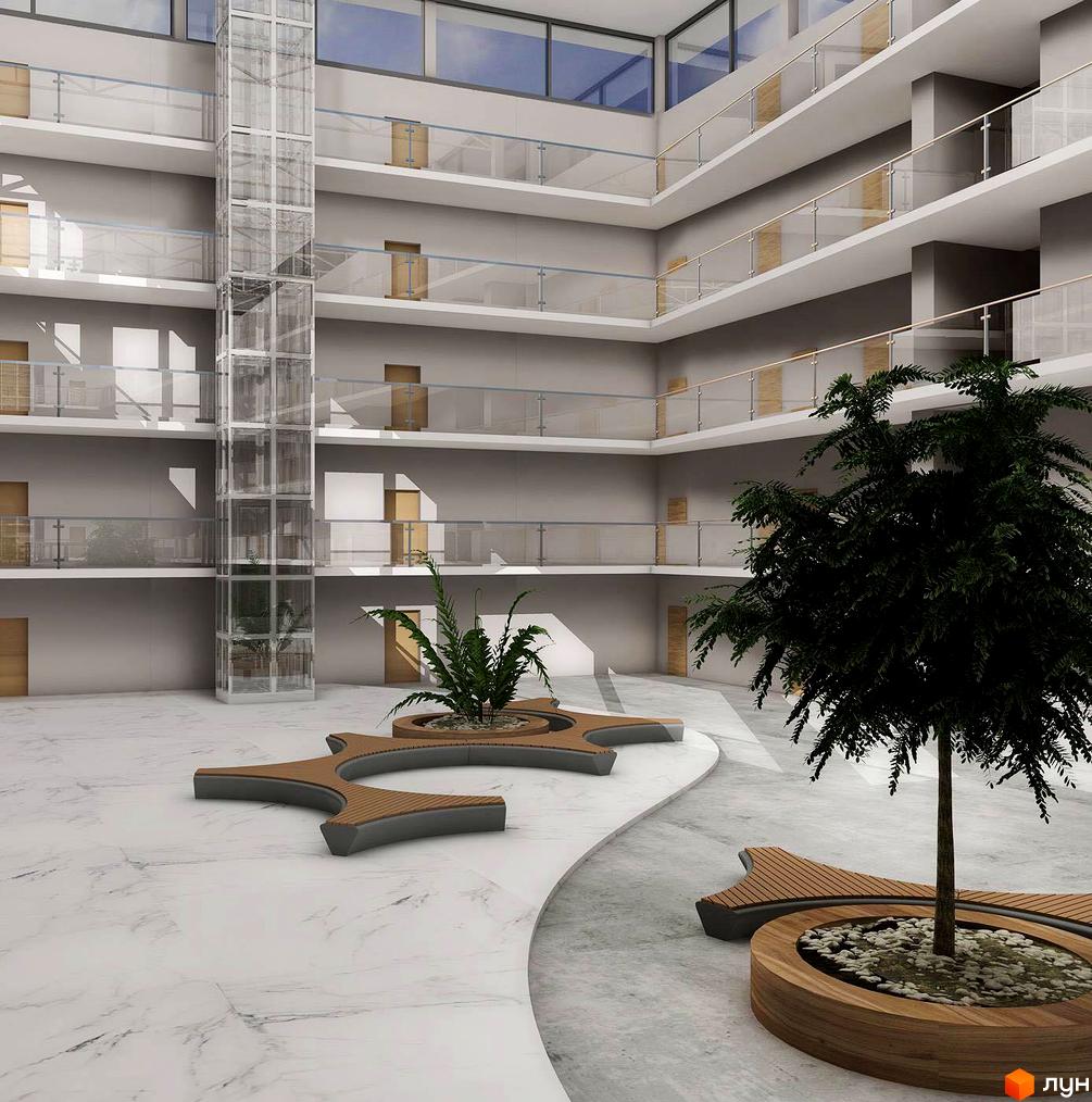 Просторий внутрішній двір житлового комплексу A3UM з скляним ліфтом та зеленими насадженнями. Сучасні балкони та мармурове покриття підлоги створюють елегантний простір.