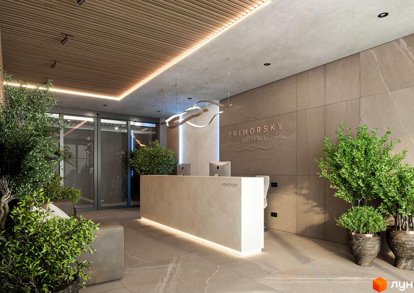 Інтер'єр холу апарт-комплексу Primorsky Residence з рецепцією, рослинами та декоративним освітленням. Вишуканий дизайн для комфортного життя.