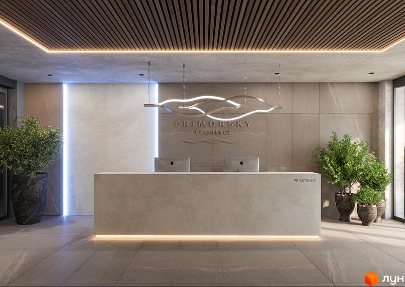 Вхідна група апарт-комплексу Primorsky Residence: простора рецепція з освітленням, великою стійкою та декоративними рослинами.
