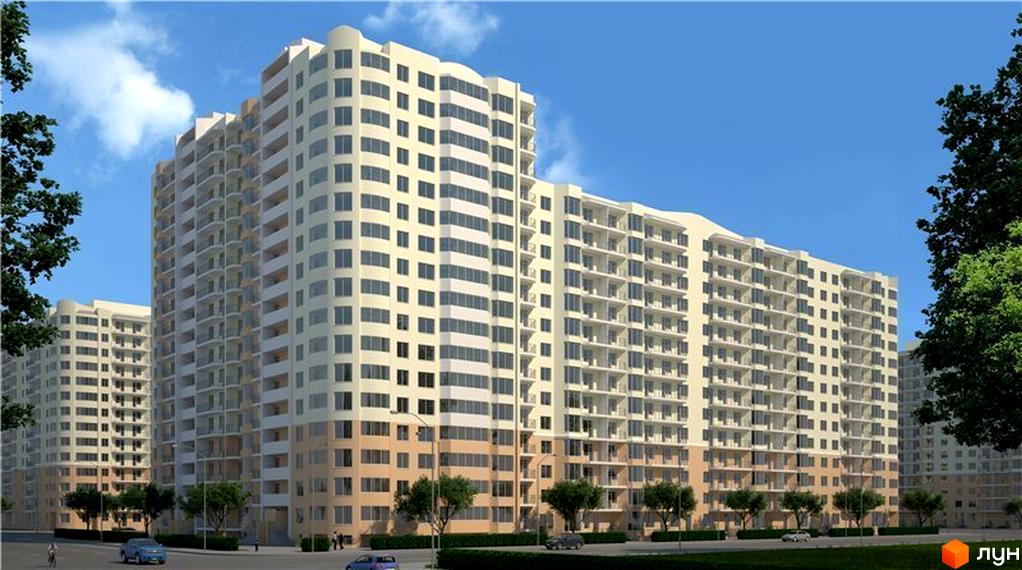 Високий житловий комплекс з багатьма поверхами. На території комплексу є зелені насадження та парковка для автомобілів.