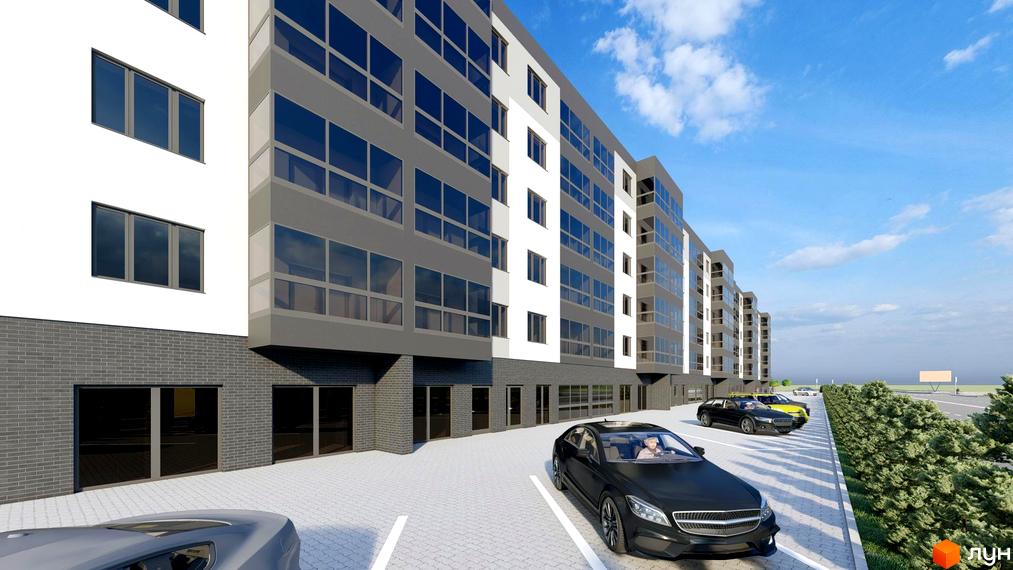 Зовнішній вигляд новобудови ЖК Водограй з паркінгом та зеленими насадженнями. Сучасна архітектура та зручна прибудинкова територія.