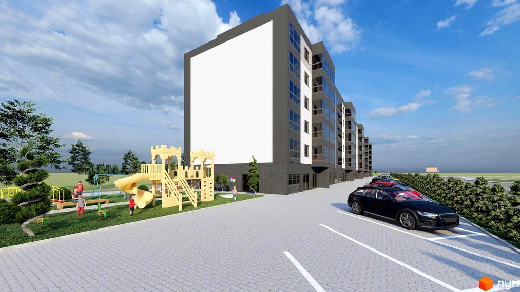 Житловий комплекс Водограй – це сучасна новобудова з великими вікнами та упорядкованою прибудинковою територією з дитячим майданчиком та парковкою.