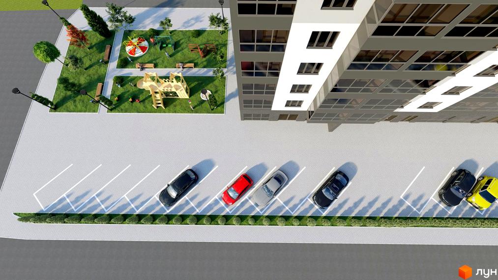 Зовнішній вигляд будинку житлового комплексу Водограй з парковкою та дитячим майданчиком. На зображенні видно сучасну архітектуру будівлі та зелену прибудинкову територію.