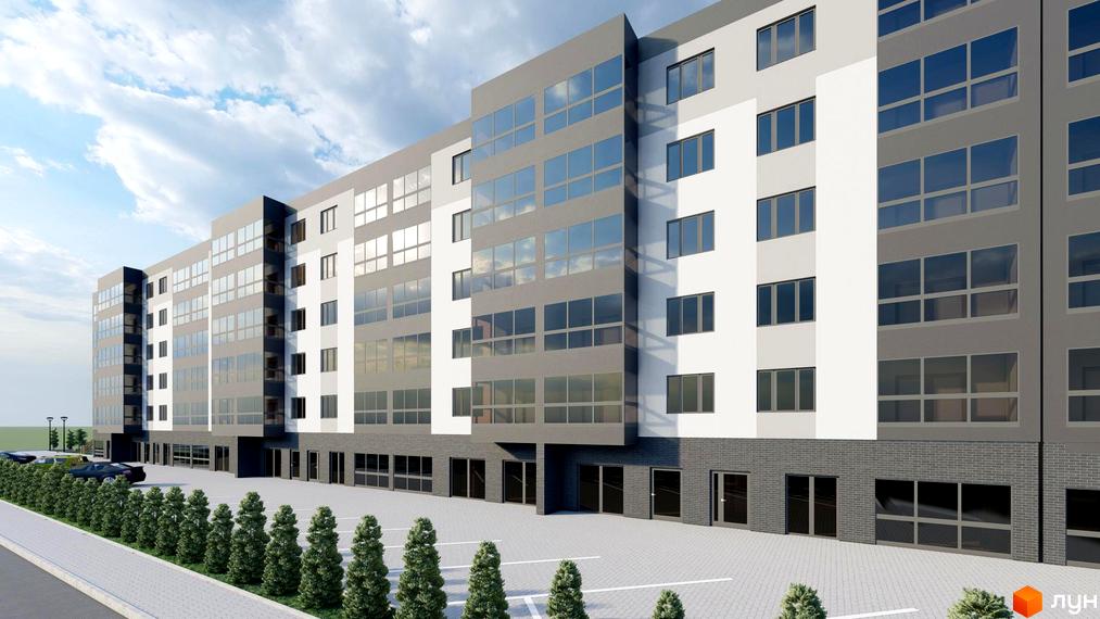 Зовнішній вигляд новобудови ЖК Водограй з великою кількістю вікон та сірими та білими фасадами. Прибудинкова територія з парковкою та зеленими насадженнями.