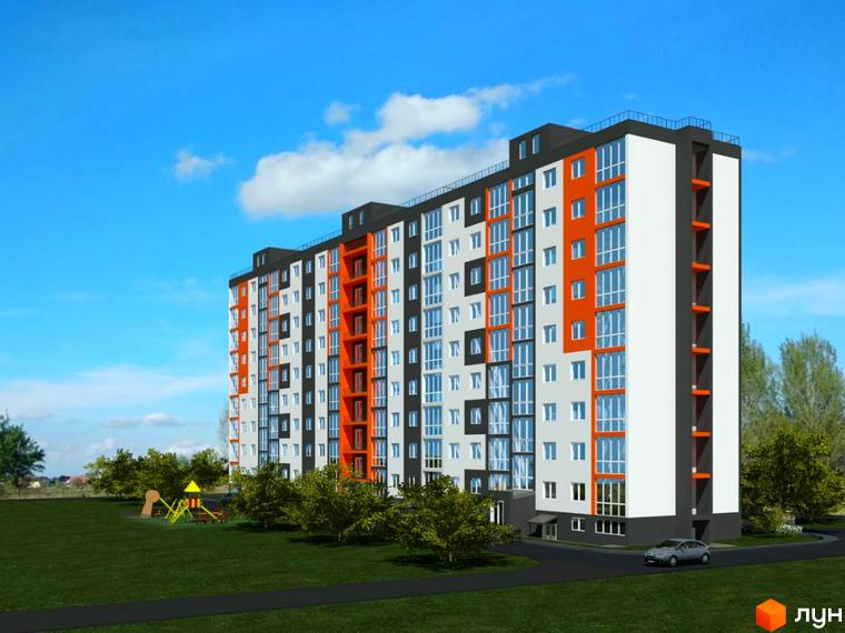 Зображення багатоповерхового будинку по вул. Каштанова, 26г. Навколо новобудови зелена територія з деревами та дитячим майданчиком.