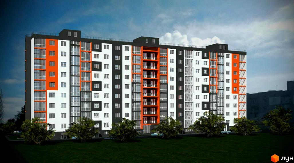 Зображення фасаду та прибудинкової території Новобудови по вулиці Каштанова, 26г. Багатоповерховий будинок з великою кількістю вікон.