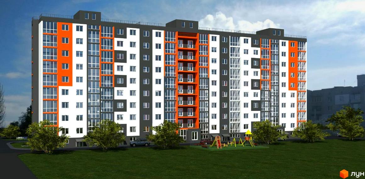 Зображення багатоквартирного будинку по вулиці Каштанова, 26г. На передньому плані зелений газон, дерева та дитячий майданчик.