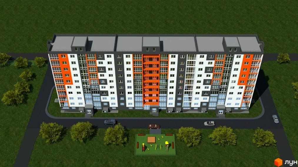 Зображення фасаду будинку по вулиці Каштанова, 26г. На прибудинковій території розташований дитячий майданчик та парковка.