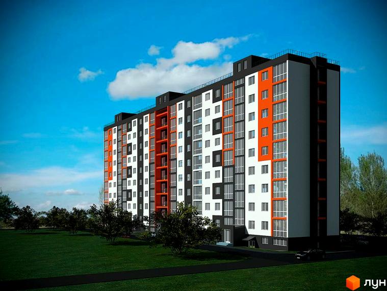 Зображення фасаду багатоповерхового будинку за адресою вул. Каштанова, 26г. Навколо новобудови зелений газон та дорога.