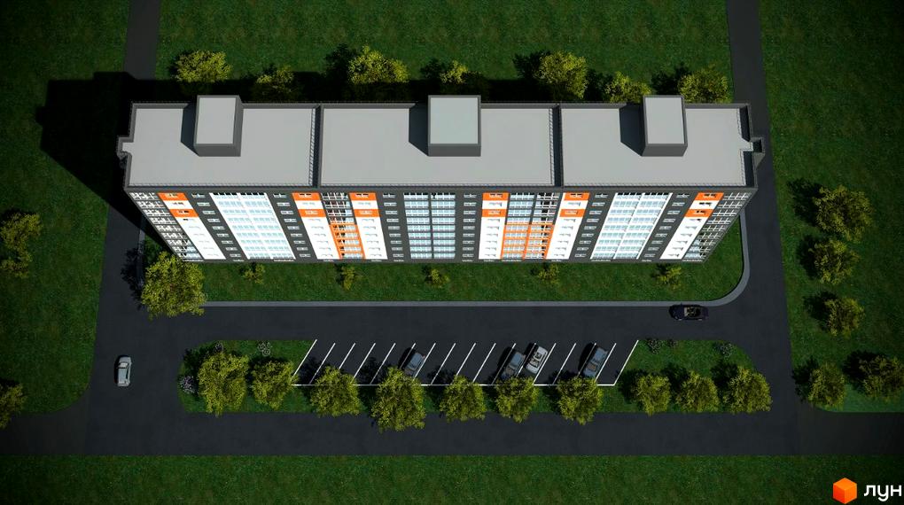 Зображення фасаду будинку та прибудинкової території Житлового комплексу по вулиці Каштанова, 26г. Навколо будинку зелені насадження та парковка.