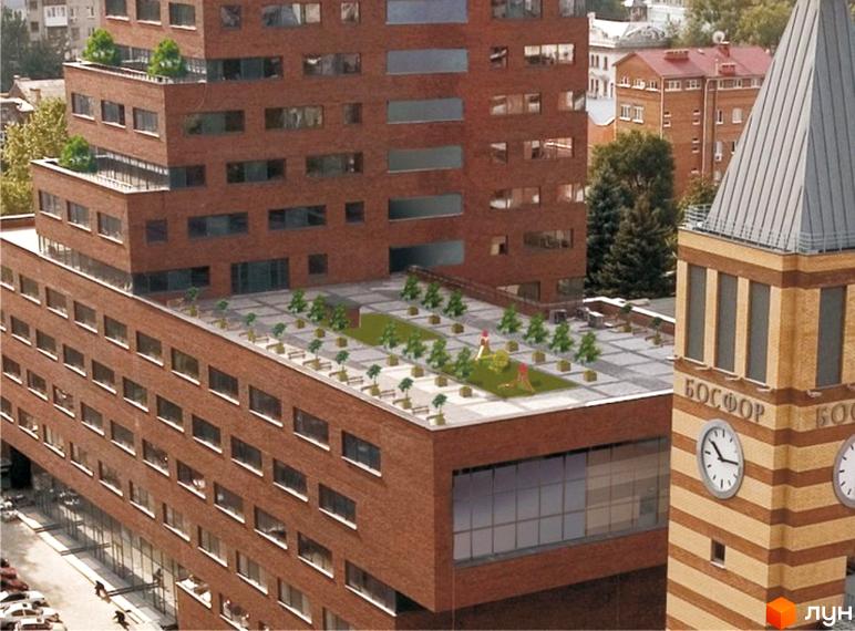 Житловий комплекс БФК „Дом на Катеринославском“ з червоної цегли, прибудинкова територія з зеленими насадженнями та зонами відпочинку.