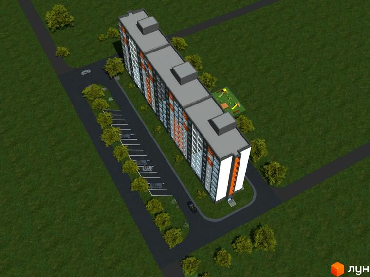 Зображення Житлового комплексу по вул. Каштанова, 26г. На фото багатоповерховий будинок з парковкою та дитячим майданчиком.