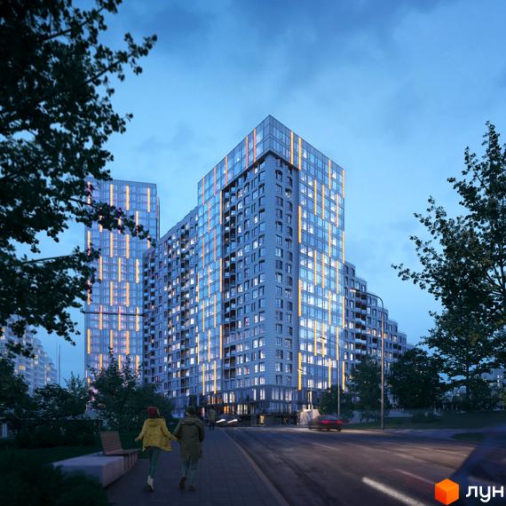 Новобудова Fjord: високі будинки з великими вікнами та вертикальним декоративним освітленням на фасаді. Прибудинкова територія з доріжками та деревами.