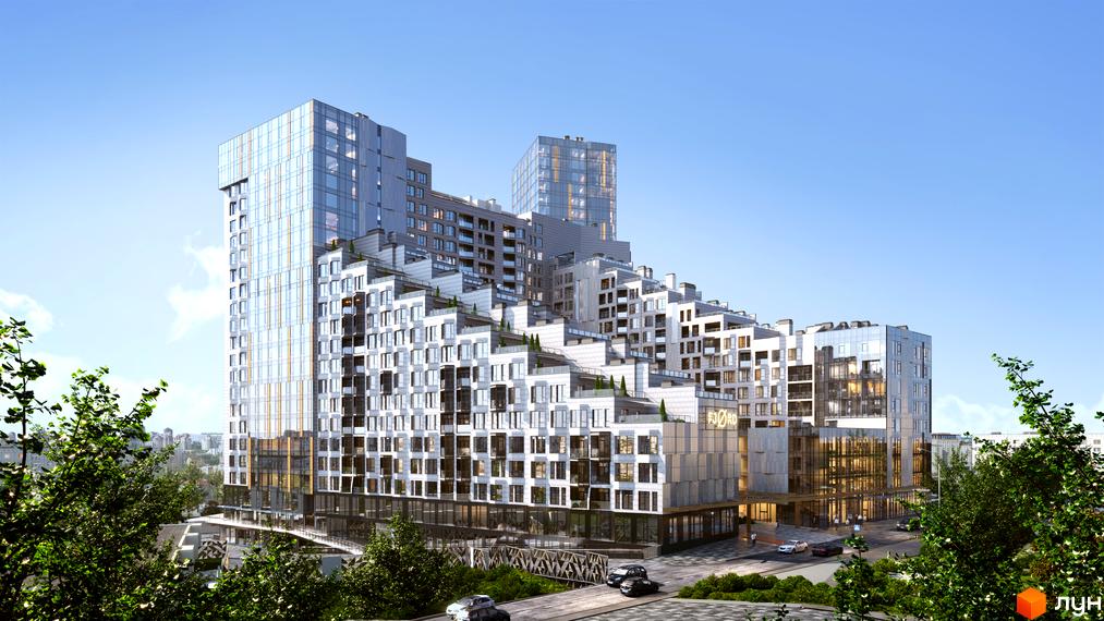 Житловий комплекс Fjord з терасованою архітектурою та скляними фасадами, оточений зеленню та дорогою.