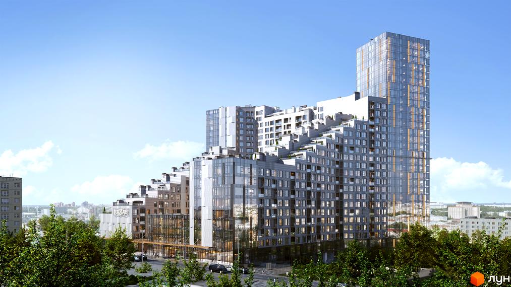 Житловий комплекс Fjord з терасованою архітектурою та високою скляною вежею, оточений зеленню та дорогою.