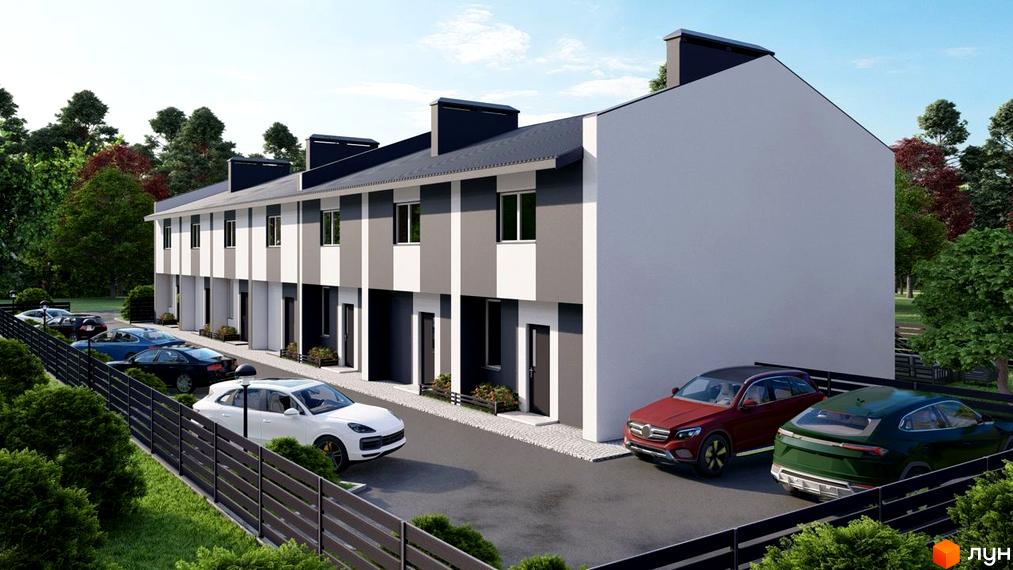 Зображення таунхаусів у Житловому районі Smart Country House 2 з парковкою для автомобілів та зеленими насадженнями.