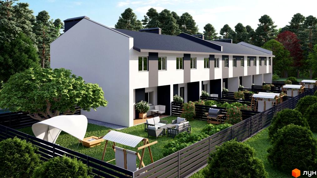 Зображення таунхаусів Smart Country House 2 з прибудинковою територією. На подвір'ї є місце для відпочинку та дитячий майданчик.