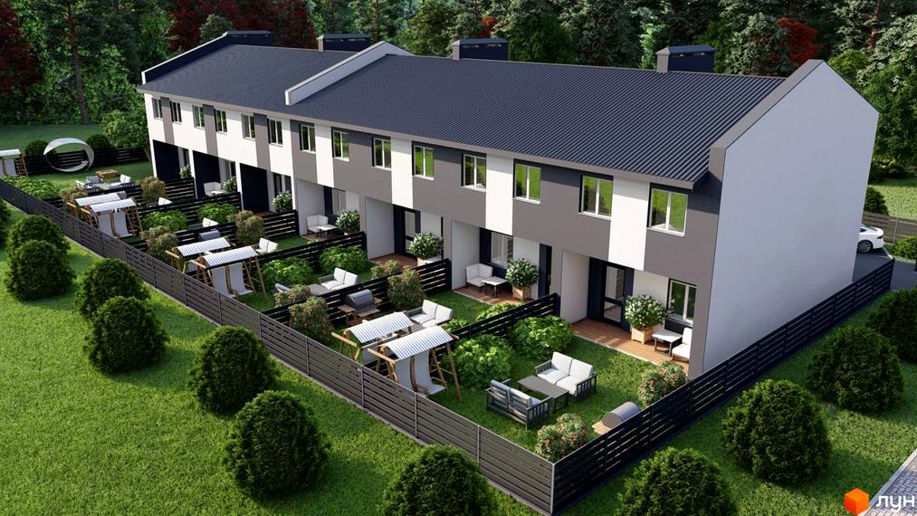 Зображення таунхаусів Smart Country House 2 з прибудинковими ділянками, огородженими парканом. На ділянках є зелені насадження та зони відпочинку.
