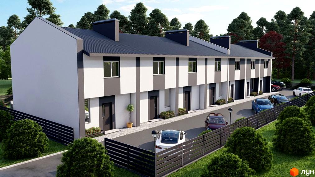 Зображення таунхаусів Smart Country House 2. Будинки з сірими дахами та біло-сірими фасадами, перед ними дорога та зелені насадження.