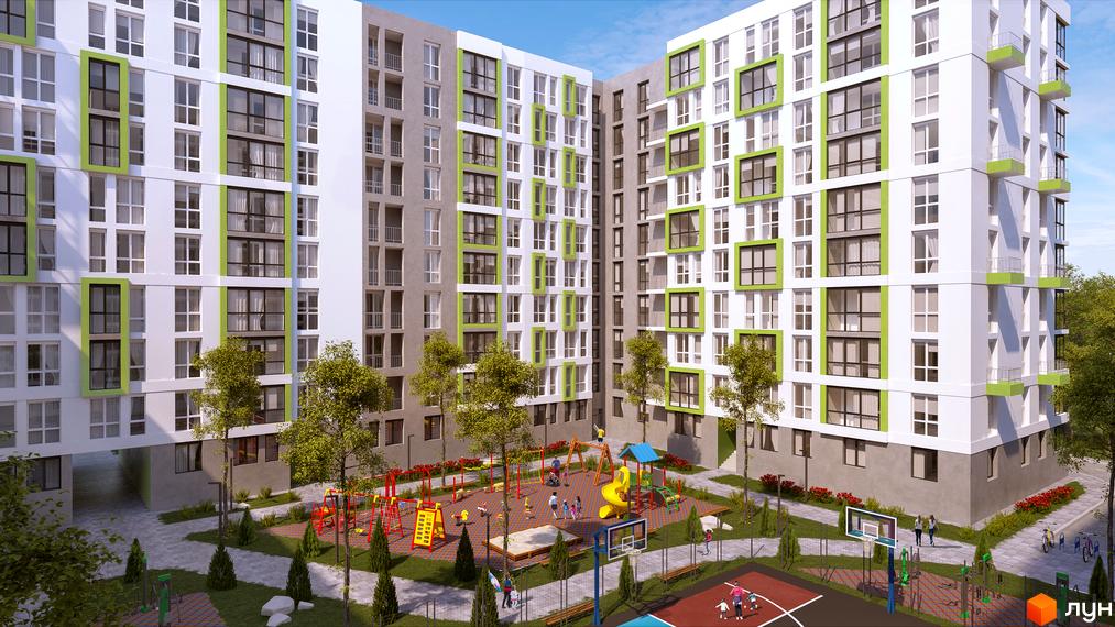Житловий комплекс CONTINENT GREEN з яскравими зеленими акцентами на фасаді та доглянутою прибудинковою територією з дитячим майданчиком та спортивною зоною.