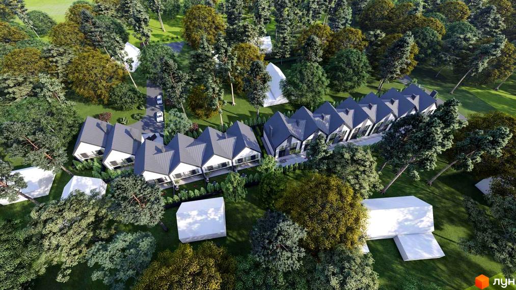 Зображення Котеджного містечка Парковий з котеджами з сірими дахами та великою зеленою територією з деревами.