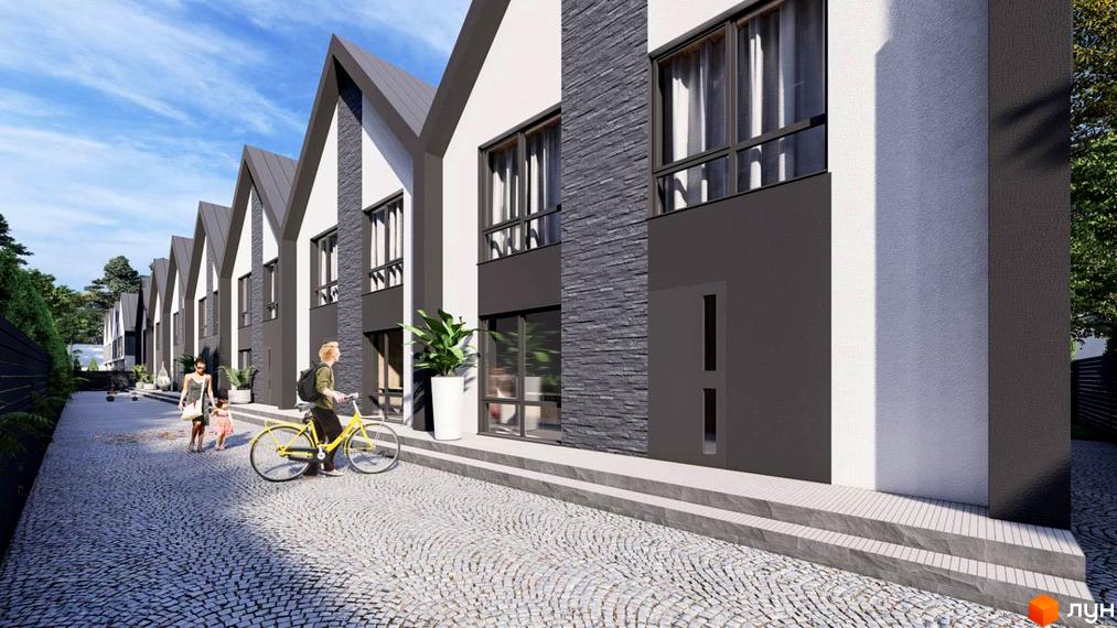 Зображення фасаду та прибудинкової території Котеджного містечка Парковий. Вигляд на ряд таунхаусів з сірими дахами та світлими стінами.