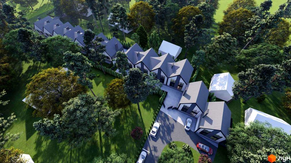 Вигляд з висоти на Котеджне містечко Парковий: будинки з сірими дахами серед зелених дерев. На території є парковка для автомобілів.