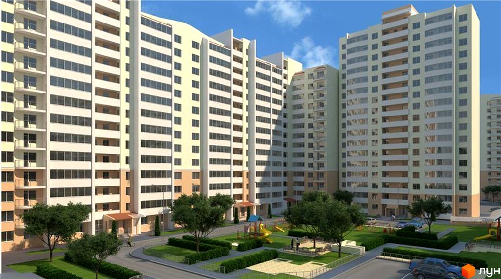 Зображення житлового комплексу Vernissage. Високі будинки з великою кількістю вікон, поруч доглянута прибудинкова територія з дитячим майданчиком та зеленими насадженнями.