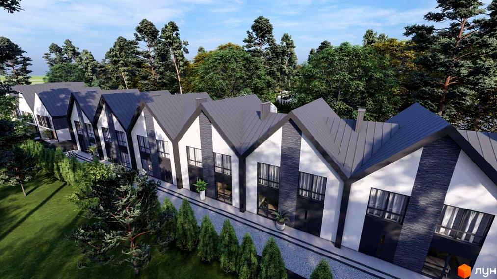 Вигляд на Котеджне містечко Парковий з двоповерховими будинками та зеленими насадженнями на прибудинковій території.