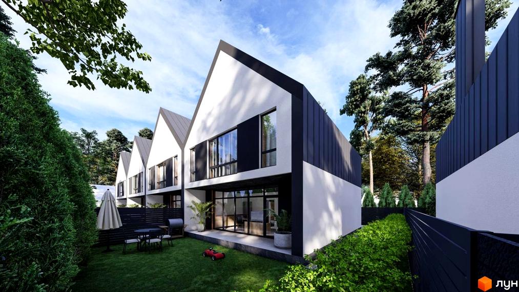 Зображення таунхаусів у Котеджному містечку Парковий з газоном, садовими меблями та декоративними рослинами на прибудинковій території.