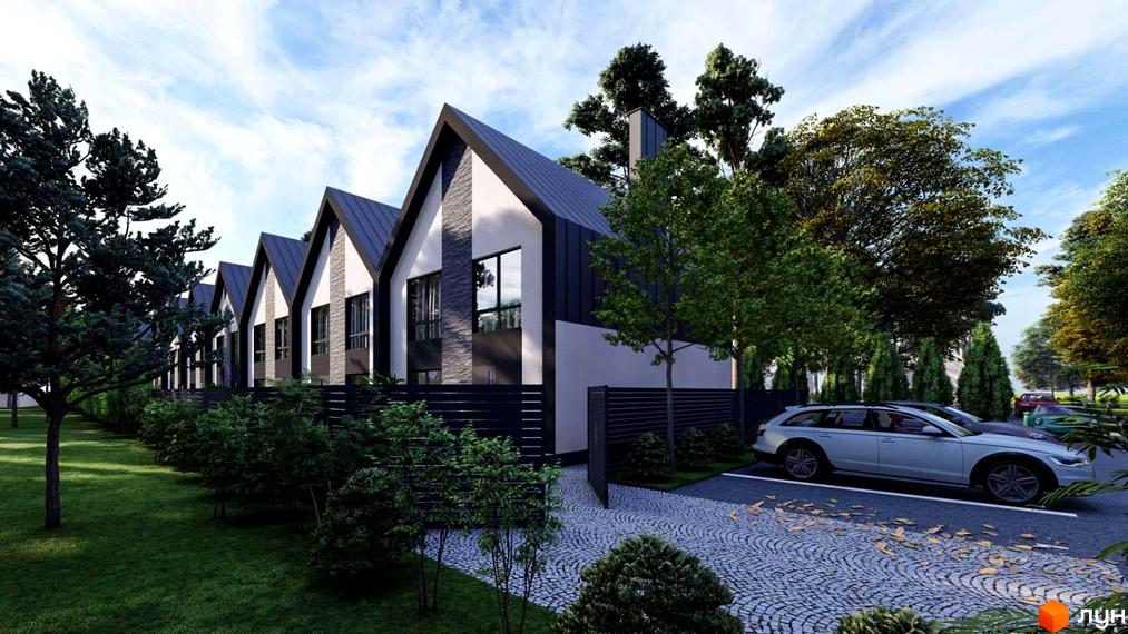 Зображення будинків в Котеджному містечку Парковий. На фото видно фасади будинків, прибудинкову територію та автомобілі.