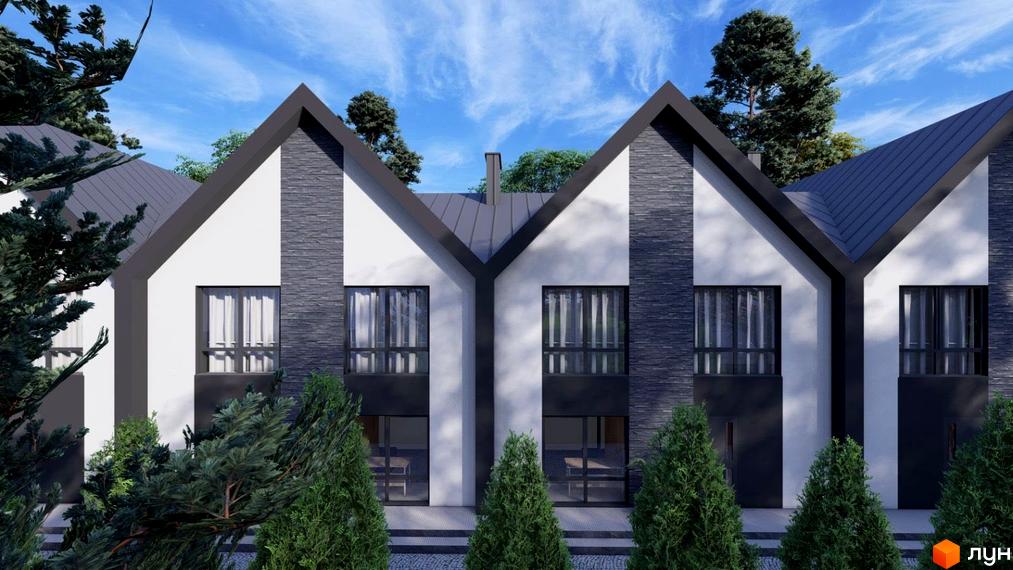 Зображення фасаду та прибудинкової території Містечка котеджів Парковий. Двоповерхові будинки з сірими дахами та великими вікнами.