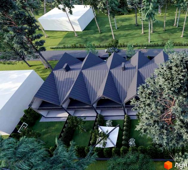 Вигляд зверху на Котеджне містечко Еліт з дахами трикутної форми та зеленим ландшафтним дизайном навколо.