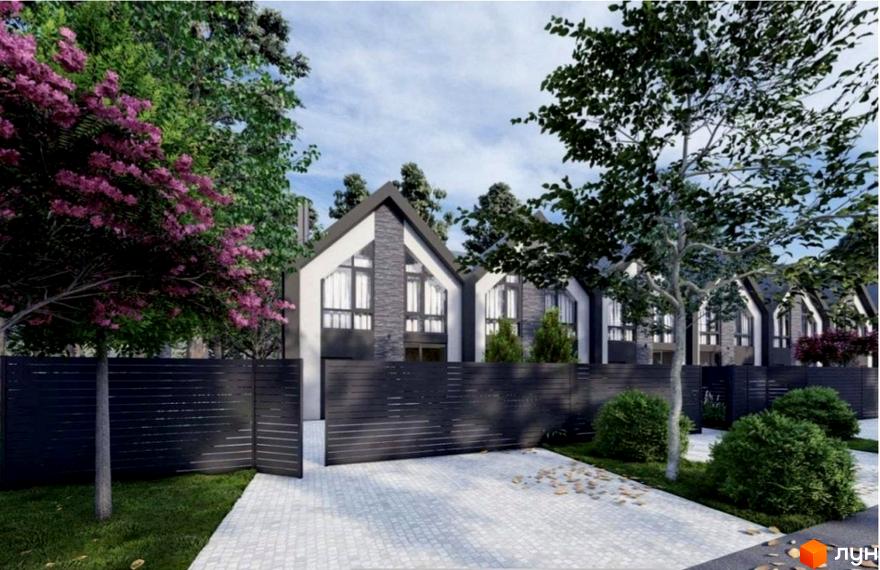 Зображення Котеджного містечка Еліт: будинок з сірим фасадом та великими вікнами, перед будинком зелена галявина та дерева.