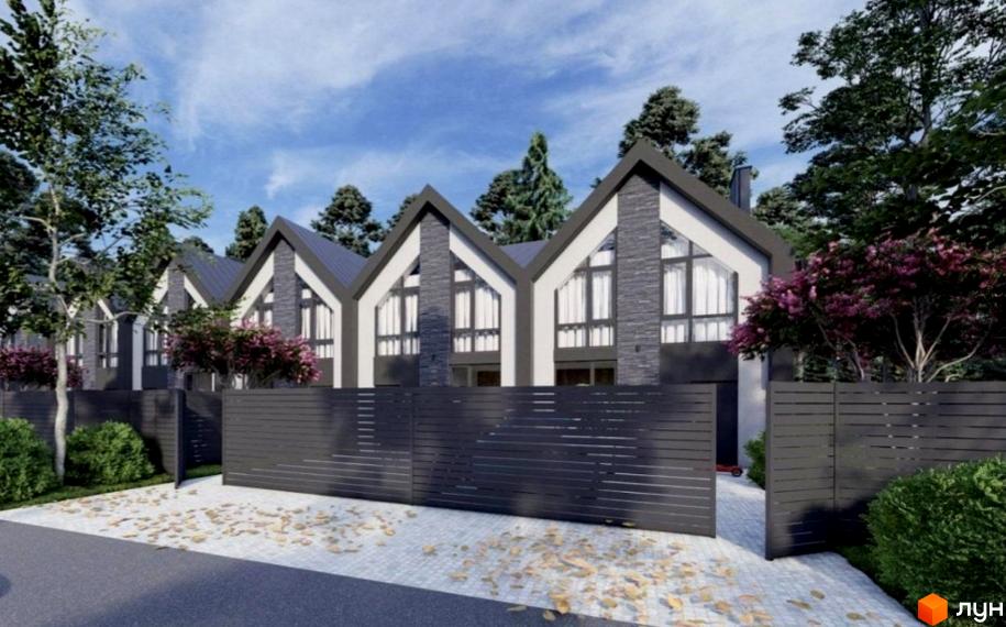 Зовнішній вигляд будинків у Котеджному містечку Еліт. Прибудинкова територія з ландшафтним дизайном та огорожею.