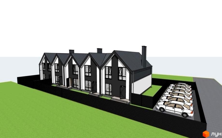 Зображення таунхаусів по вул. Дмитра Вишневецького, 5. На передньому плані парковка з автомобілями та зелений газон.