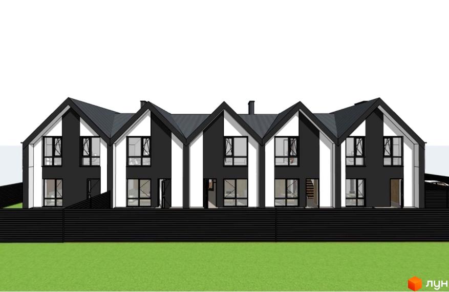 Зображення фасаду та прибудинкової території Житлового комплексу по вулиці Дмитра Вишневецького, 5. Будинки з чорними дахами та великими вікнами.