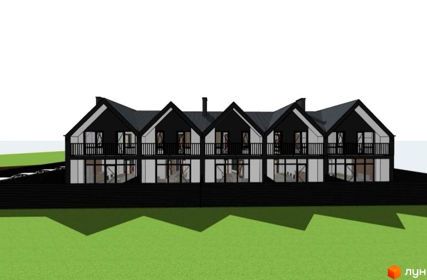 Зображення фасаду та прибудинкової території Житлового комплексу на вул. Дмитра Вишневецького, 5. Двоповерхові будинки з балконами та великими вікнами.