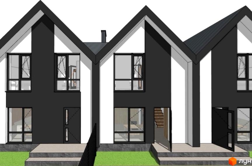 Зображення фасаду та входу в таунхаус Житлового комплексу по вулиці Дмитра Вишневецького, 5. Вигляд ззовні та прибудинкова територія.