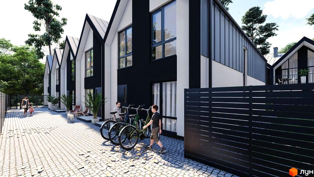 Зображення будинків Житлового району на вулиці Дмитра Вишневецького, 5. На подвір'ї бруківка, дерева та велосипеди.