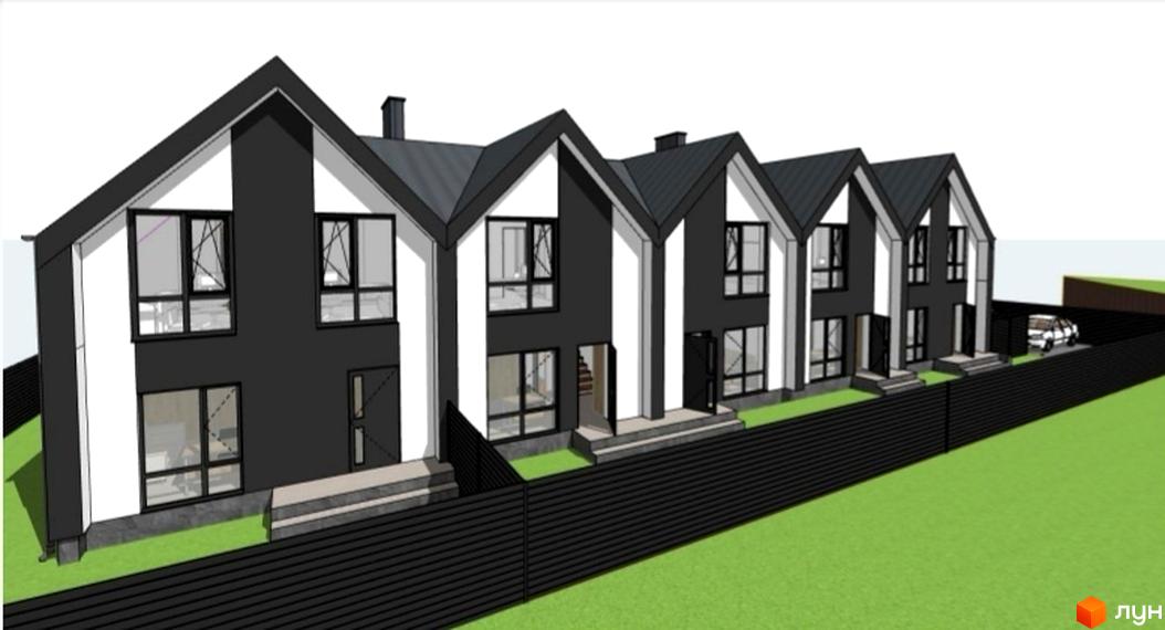 Зображення будинків на вулиці Дмитра Вишневецького, 5. Двоповерхові будинки з темними дахами та чорними вікнами, огороджені чорним парканом.